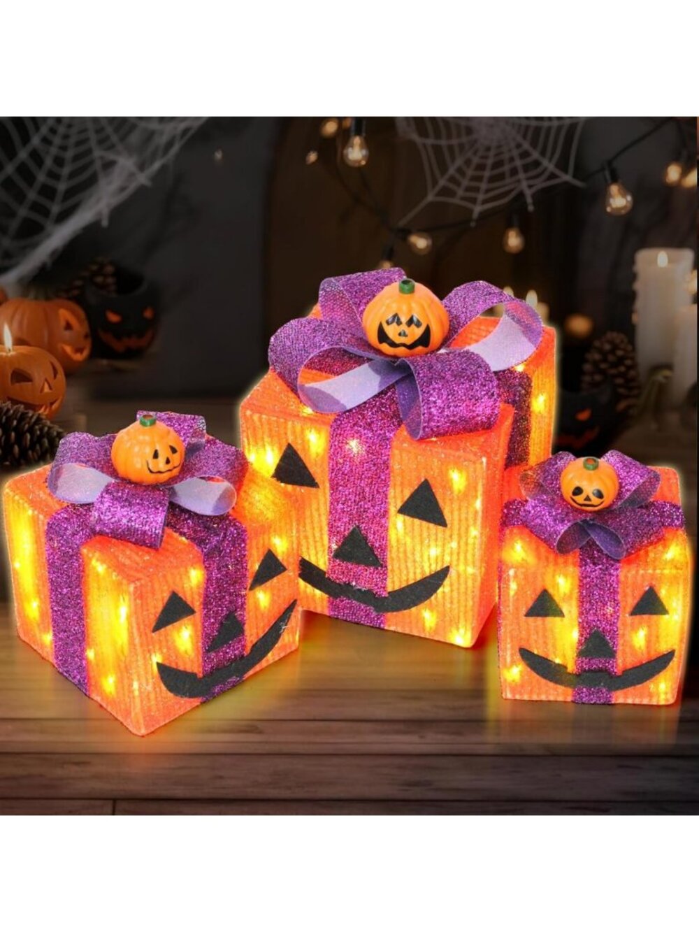 Set of 3 Lighted Halloween Gift Boxes - LED Pumpkin Decorations for Yard & Patio